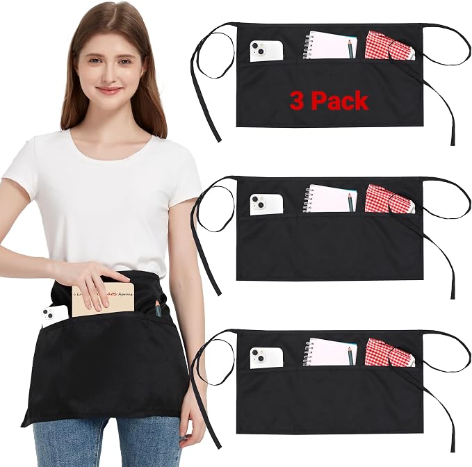 3 Pack Waist Apron with 3 Pockets, Unisex Black Waiter Aprons, Water Resistant Server Aprons for Restaurant Chef Bar by FunChaos