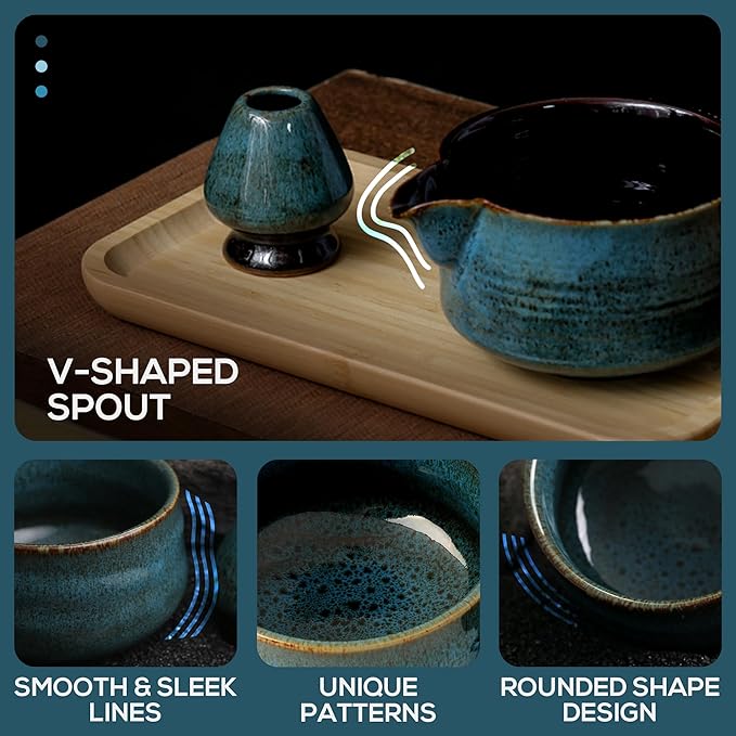 Japanese Matcha Bowl, Glazed Ceremonial Matcha Bowl with Whisk Holder for Matcha Powder/Matcha Tea/Japanese Matcha (Blue(w/Spout))