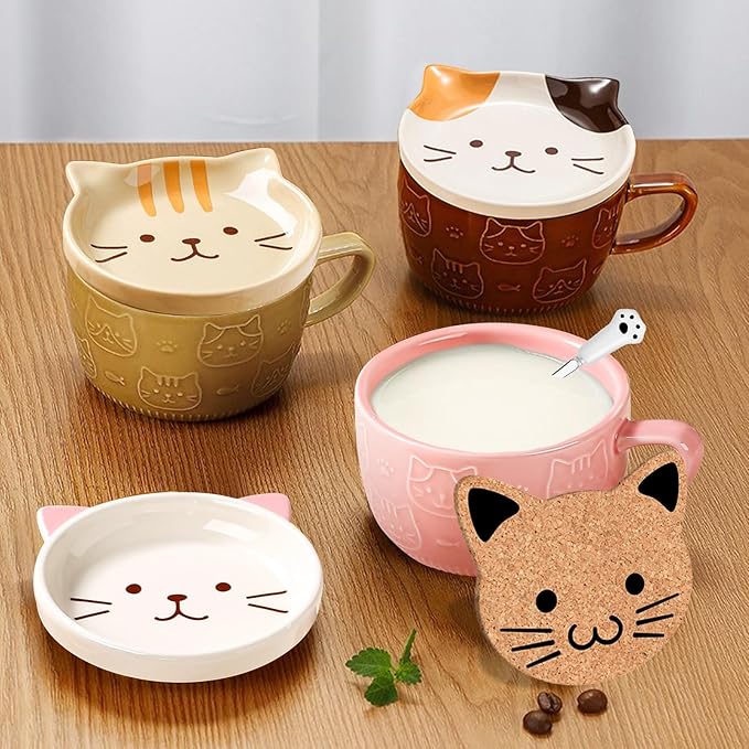 2PCS Cute Mug Kawaii Cat Tea Cup Ceramic Coffee Mug with Lid,Tea Cups and Saucers for Dessert tea mug cute gifts Cat lover Gifts For Women Anime gift for Women Christmas Gifts 10oz (Pink+Brown)