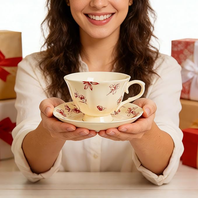 Vintage Porcelain Tea Cup and Saucer Set for 1, 8 oz Cappuccino Cup with Golden Spoon, Small Cream Red Floral Latte Art Cup, Happy Birthday Gifts