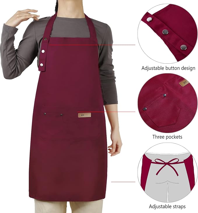 Hongsome Adjustable Button Apron for Women Men Artist Painting Pottery Garden Cooking Kitchen Chef 3 Pockets Waterproof M-XXL - Image 4