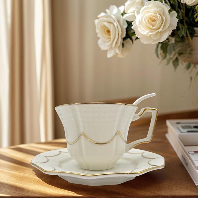 Tea Cup and Saucer Set for 1, Coffee Cup with Saucer and Spoon, Espresso Latte Cup for Women Gift, Dishwasher Safe, 6.8 Oz