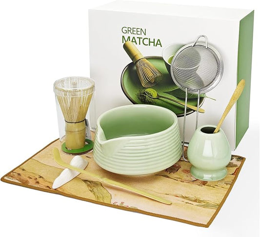 Matcha Whisk Set, Matcha Bowl with Spout, Tea Brush Stand, Stainless Steel Sifter, Matcha Whisk Holder - 8 Pcs Green Matcha Kit Set for Matcha Lover Ideal Holiday Gift, Tea Making Tools