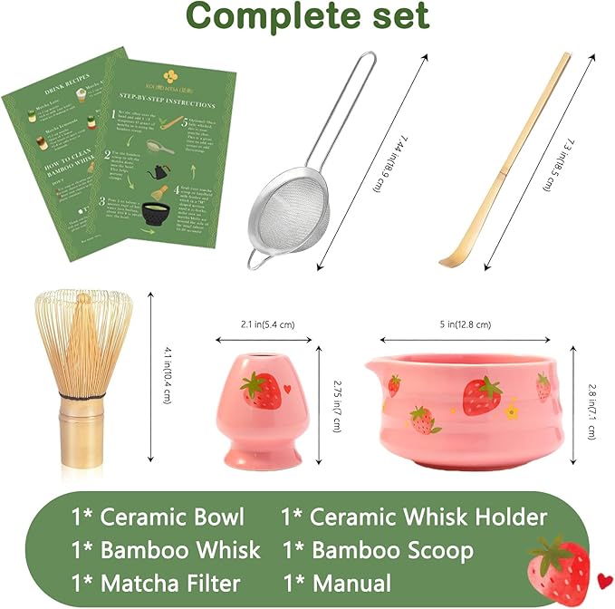 Pink Strawberry Matcha Set Whisk And Ceremony Bowl, 5 Pcs Ceramic Traditional Matcha Making Kit Gift Set For Women Friends Tea Lover