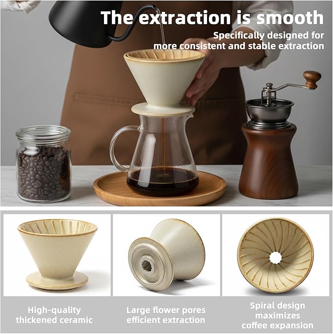 Ceramic Pour Over Coffee Dripper, Reusable Porcelain Portable Pour Over Coffee Maker, Slow Brewing Accessories with 1 Holes for Home, Office, Travel, Camping (Brown)