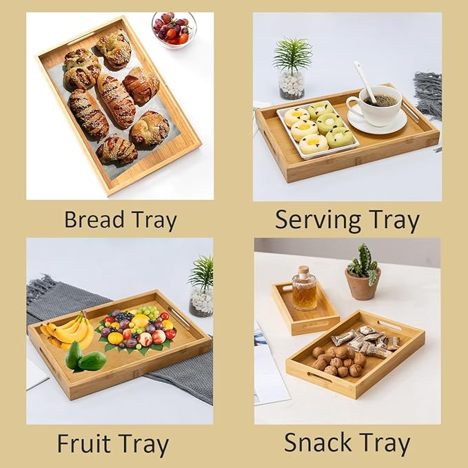RT&BS Bamboo Tray, Bamboo Barbecue Tray with Handles, Bamboo Tea Trays, Basket Trays for Food, Drinks, Decor, Vanity in Kitchen, Dining Room, Restaurant, Bar, Cafés, Bathroom