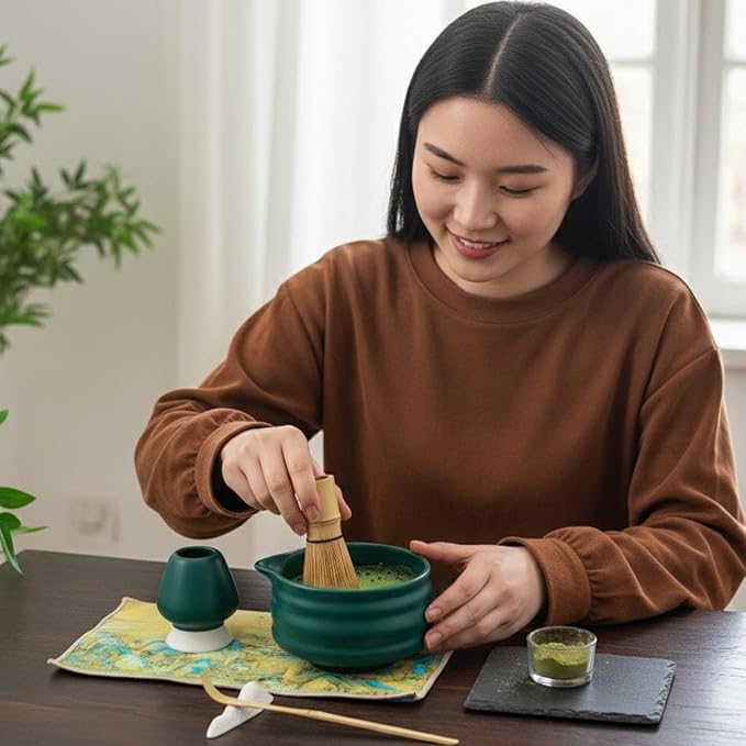 7PCS Ceramic Matcha Set – Traditional Japanese Tea Kit for Matcha Preparation with Pouring Bowl, Bamboo Whisk & Stand, Scoop with Rest, Sifter and Tea Cloth – Ideal for Matcha Lover