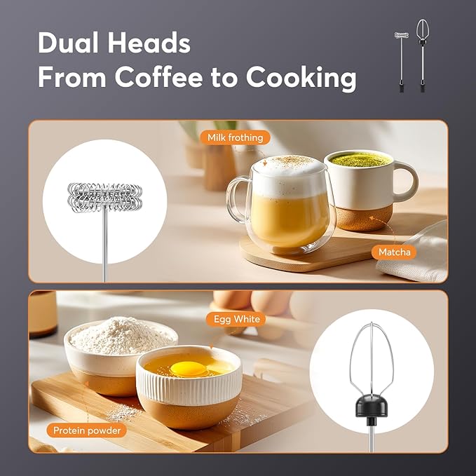 MF02 Rechargeable Milk Frother Handheld Foam Maker with Stainless Whisk for Cappuccino, Latte, Bulletproof Coffee, Keto Diet, Protein Powder, Matcha