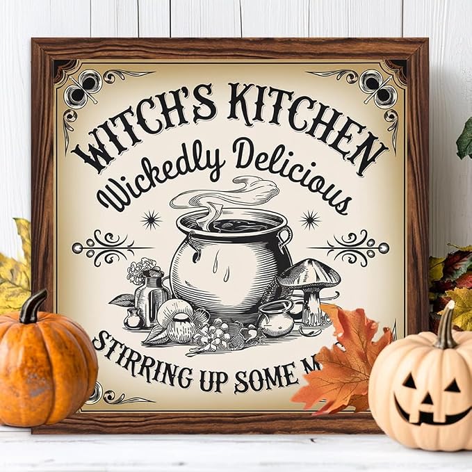 Vintage Halloween Witches Kitchen Stirring Up Some Magic Wooden Sign, With Frame Witch Cauldron Sign for Home Kitchen, Cafe, Bedroom Halloween Decor 7.87x7.87 Inch - Image 3