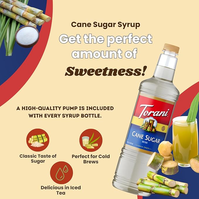 Torani Cane Sugar Sweetener Coffee Syrup 1 Liter Bottle with Pump Dispenser – Pure Cane Sugar Flavoring Syrup for Lattes, Teas, Cocktails, Cold Brews & Desserts – Barista Quality - Image 7