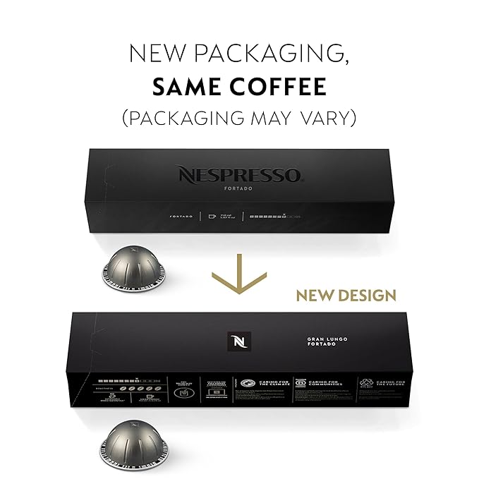 Nespresso Capsules Vertuo, Fortado Gran Lungo Americano, Dark Roast Espresso Coffee, 30 Count Coffee Pods, Brews 5.0oz.