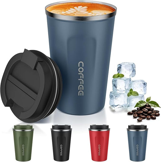 MOMSIV 12oz Travel Mug, Insulated Coffee Cup with Leakproof Lid, Vacuum Stainless Steel Double Walled Reusable Tumbler for Hot and Cold Water Coffee and Tea In Travel and Car Blue