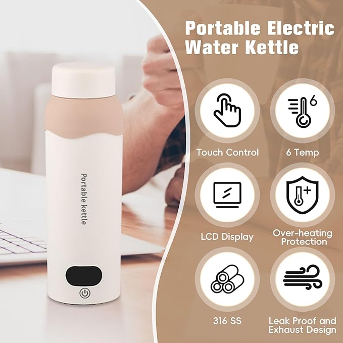 Travel Electric Tea Kettle 316 Stainless Steel, Small Portable Hot Water Kettle with 6 Temperature Control & Automatic Shut Off, 450mL Cute Tea Pot