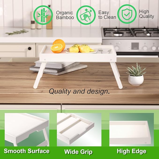 2 Pack Bamboo Bed Tray Table with Folding Legs,Breakfast Trays,Serving Tray for Food and Snack,Laptop Trays for Working(White)