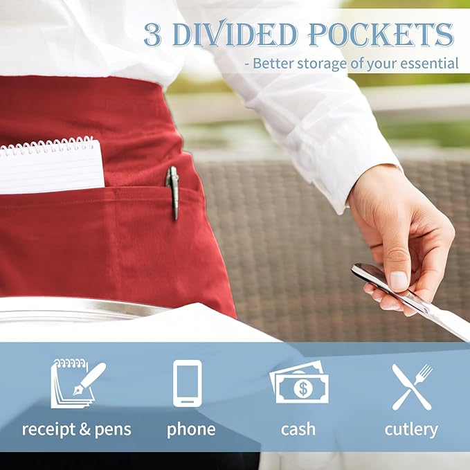 PEASUG Server Apron, Waitress Apron with 3 Pockets, Short Aprons for Women with Pockets for Servers, Waiter, Waitress