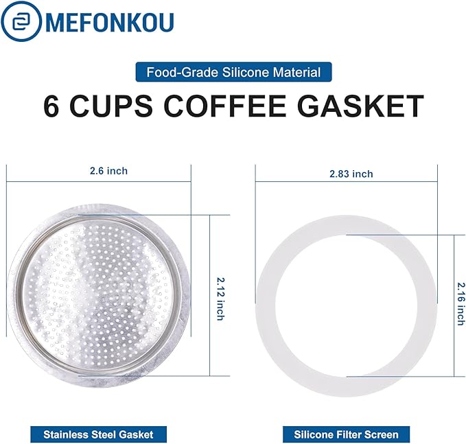 6 Cup Coffee Gasket for Bialetti Moka Aluminium Stove Top Espresso Machine Pots Express - 6 Gasket and 2 Stainless Filter (2 Kit)