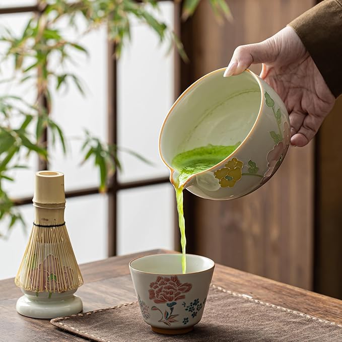 Matcha Set, Matcha Whisk Set Includes Hand-Drawn Matcha Bowl with Spout, Bamboo Whisk, Matcha Whisk Holder, Bamboo Scoop, Sifter - 5pcs Perfect Matcha Kit for Matcha Tea Ceremony