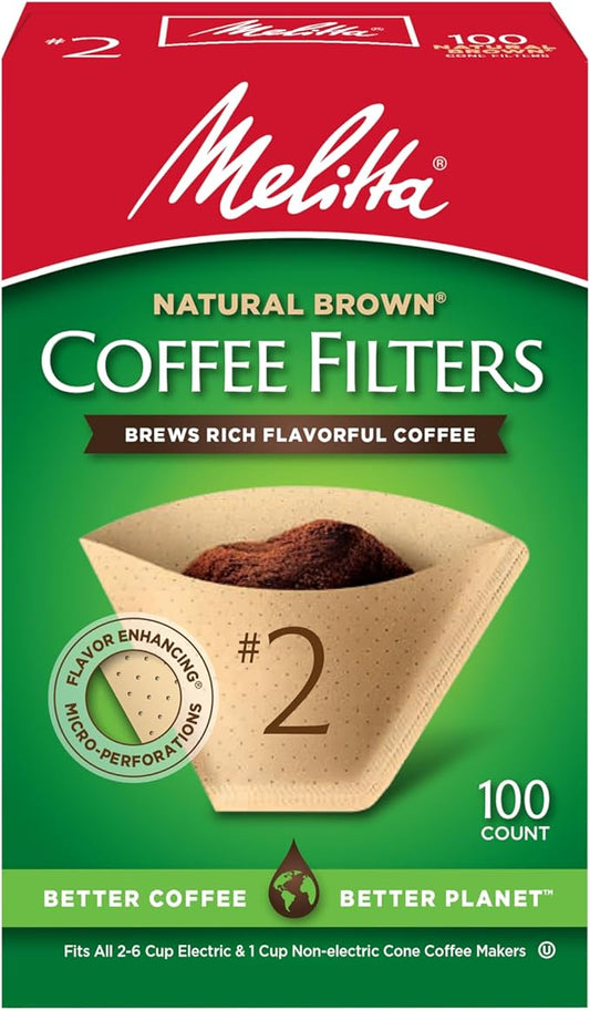 Melitta #2 Cone Coffee Filters, Natural Brown, 100 Count - Fits all 2-6 Cup Cone Coffee Makers and 1-cup Pour-Over Brewers, Compostable, Tear-Resistant, Made in USA