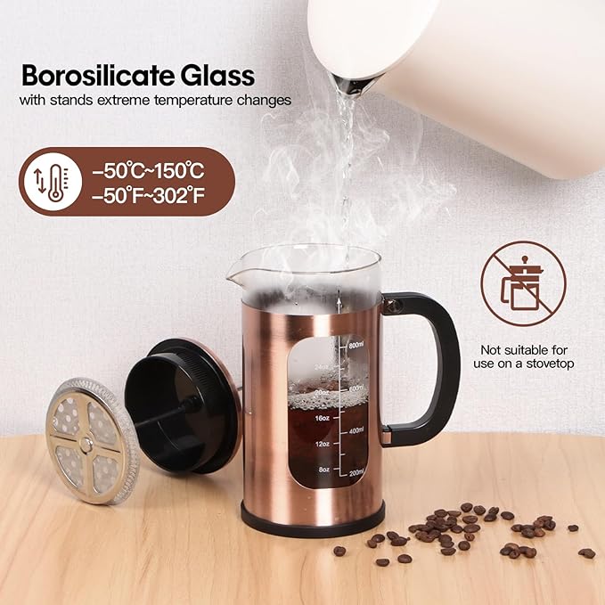 Panana 34 Ounce 1 Liter French Press Coffee Maker, Heat Resistant Borosilicate Glass Coffee Press, Cold Brew Coffee Pot Tea Press for Kitchen, Stainless Steel (Upgraded Stainless Steel Copper)