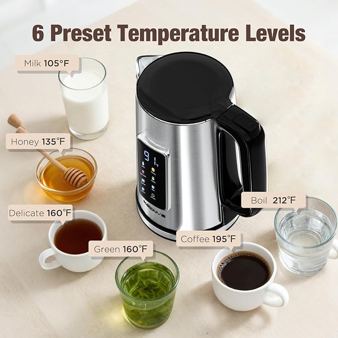 1.7L Electric Kettle, Touch Screen Water Boiler, Auto Shut Off, Double Wall, 6 Preset Temperatures, Fast Boil, and STRIX Control