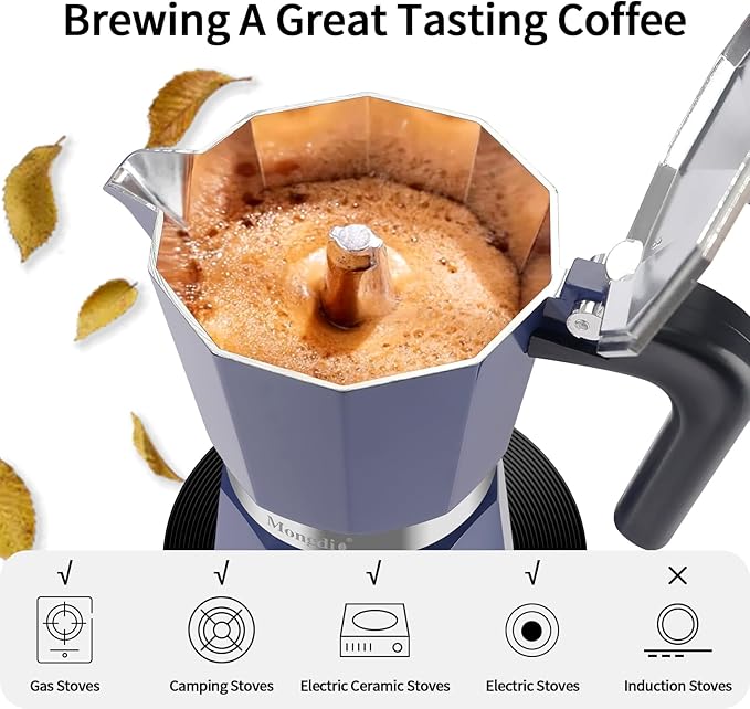 Mongdio Stovetop Espresso Maker Moka Pot, Stove Top Cuban Coffee Maker, Italian Greca Mocha Pot, 9 Espresso Cups, 15 oz - Blue