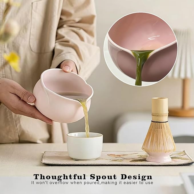 5Pcs Matcha Set Bowl and Whisk, Pink Ceramic Matcha Set Kit, Complete Matcha Making Kit Gift for Ceremony Matcha Tea Lover