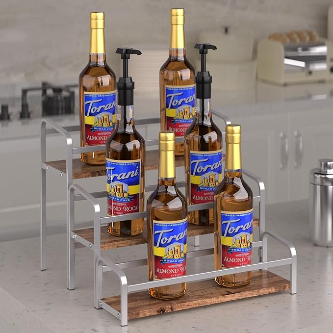 Coffee Syrup Rack,12 Bottle Capacity,3 Tier Coffee Bar Organizer,Kitchen Wine Rack,Coffee Station for Syrup, Wine Stand Shelf,Coffee Bar Accessories (Dark Brown Wood, Grey)