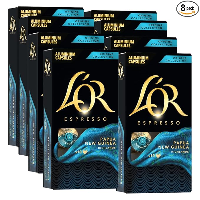 L'OR Espresso Capsules, 80 Count Papua New Guinea, Single-Serve Aluminum Coffee Capsules Compatible with the L'OR BARISTA System & *Nespresso Original Machines, 80 Count (Pack of 8)