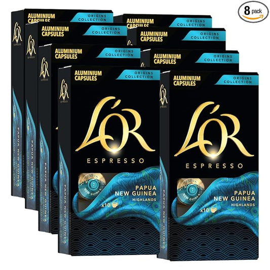 L'OR Espresso Capsules, 80 Count Papua New Guinea, Single-Serve Aluminum Coffee Capsules Compatible with the L'OR BARISTA System & *Nespresso Original Machines, 80 Count (Pack of 8)