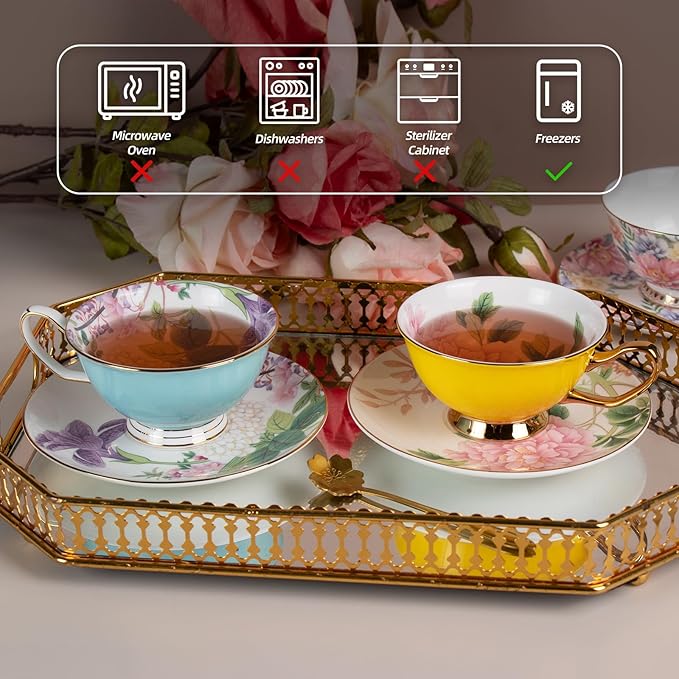 KAMMAK Tea Cups and Saucers Set of 2, Fine Bone China Coffee Cups, Stackable Espresso Mugs, Ceramic Demitasse for Coffee, Cappuccino, Latte, Americano, Tea, Peony + Hydrangea