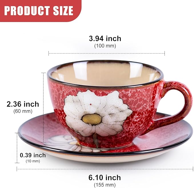8 Oz Floral Porcelain Cappuccino Cups with Saucers Set of 4, Stoneware Tea Coffee Mugs for Home Kitchen & Office, Dishwasher Microwave Oven Safe, for Espresso, Latte, Americano, Milk & Tea, Mix
