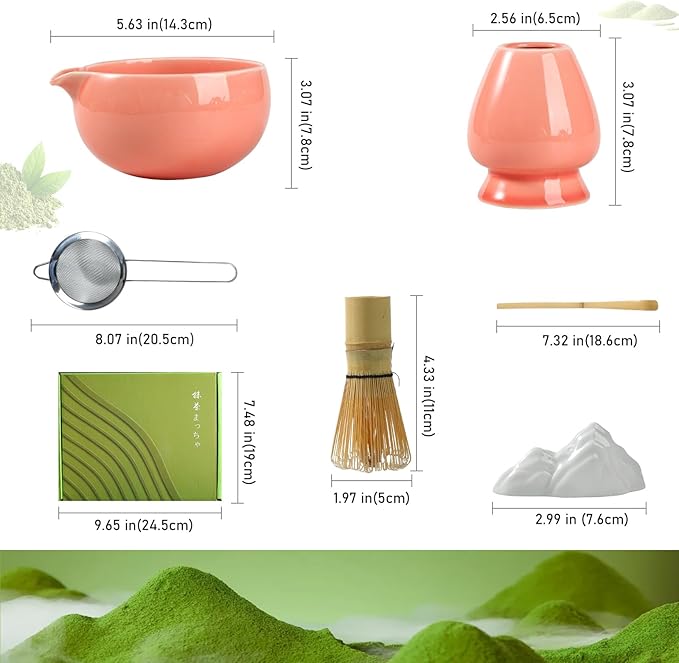 Matcha Whisk Set, Ceramic Matcha Bowl with Spout, Bamboo Whisk, Scoop, Sifter, Holder, Tea Towel, 7-Piece Matcha Kit Set for Making Breakfast/Latte, Round Pink, Large