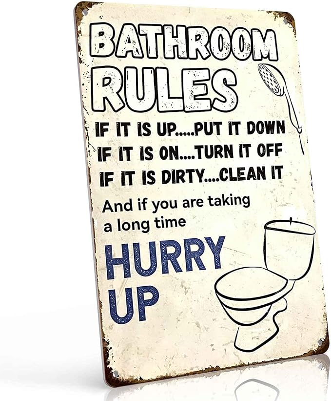 Vintage 'Bathroom Rules' Metal Tin Sign – Funny Wall Art for Bathroom Decor, 8x12 Inch
