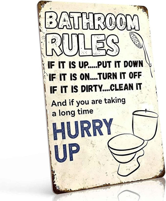 Vintage 'Bathroom Rules' Metal Tin Sign – Funny Wall Art for Bathroom Decor, 8x12 Inch