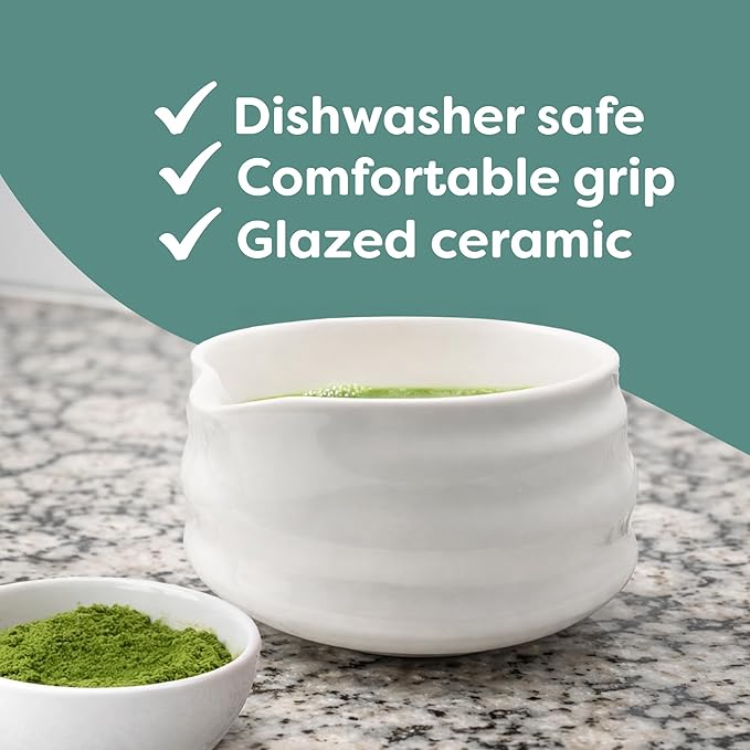 Harmony Leaf Ceramic Matcha Bowl with Spout, White Chawan Mixing Bowl for Whisking and Pouring Matcha Tea