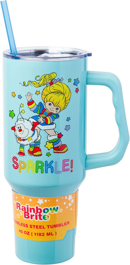 Silver Buffalo Rainbow Brite and Twink Sparkle Double Walled Stainless Steel Tumbler with Handle and Straw, Fits in Standard Cup Holder, 40 Ounces
