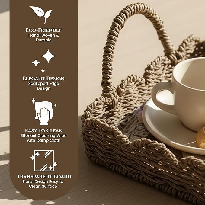 BISS Scalloped Rattan Serving Tray with Removable Floral Transparent Board – Natural Rattan Decorative Tray with Foldable Handles & Scalloped Edge – Wicker Woven Tray for Coffee Table, Dining