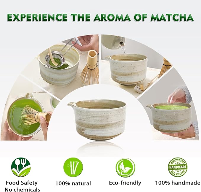 Matcha Whisk Set, 6 Piece Matcha Kit with Bamboo Whisk Ceramic Bowl with Spout Sifter Scoop Traditional Japanese Tea Accessories for Home or Gifts (set of 6)
