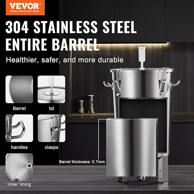 VEVOR Fermentation tank 8 Gallon Stainless Steel Beer Brew Fermentor Brew Bucket Fermentor for Home Brewing with Conical Base Brewing Equipment