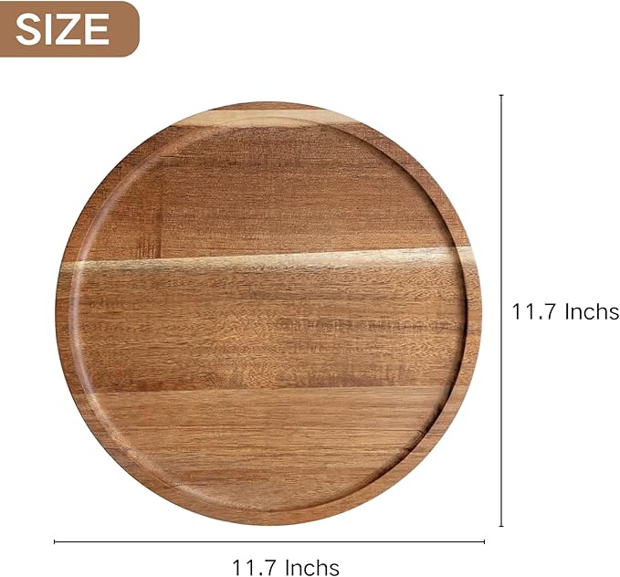 11.7 Inches Round Wooden Tray | Multi-Functional Acacia Wood Serving Tray – Decorative Wooden Round Tray for Home Decor, Charcuterie Board & Coffee Station Organizer for Kitchen Counter