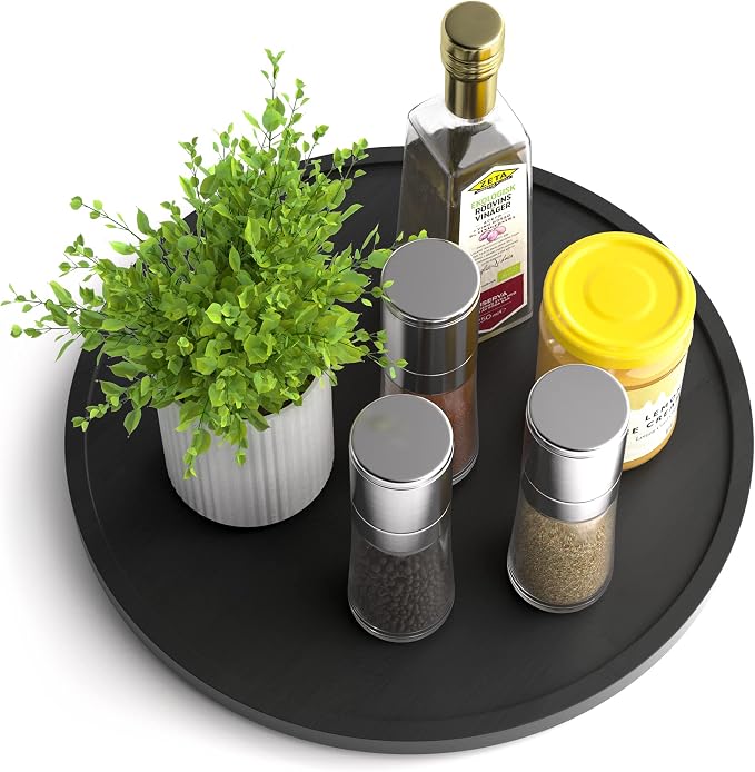 Lazy Susan Organizer Homerays 12 Inch Non-Skid Bamboo Lazy Susan for Kitchen Rotating Spice Rack for Kitchen Cabinet, Wood Turntable for Kitchen Countertop Organizer Black by Homerays