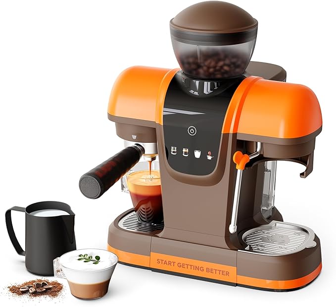 20 Bar Espresso Machine with Grinder & Steam Wand - Semi Automatic Coffee Maker, NTC Intelligent Temp Control, 58mm Stainless Steel Portafilter, One-Touch Panel for Home Barista (Removable Water Tank)