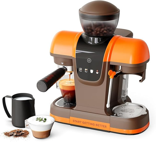 20 Bar Espresso Machine with Grinder & Steam Wand - Semi Automatic Coffee Maker, NTC Intelligent Temp Control, 58mm Stainless Steel Portafilter, One-Touch Panel for Home Barista (Removable Water Tank)