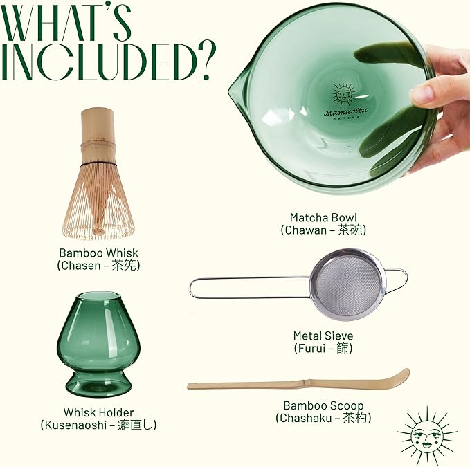 Matcha Whisk Set, 5-Piece Matcha Bowl and Whisk Kit with Bamboo Scoop, Glass Matcha Bowl, Holder, and Sieve – Handmade Borosilicate Glass (Emerald Green)