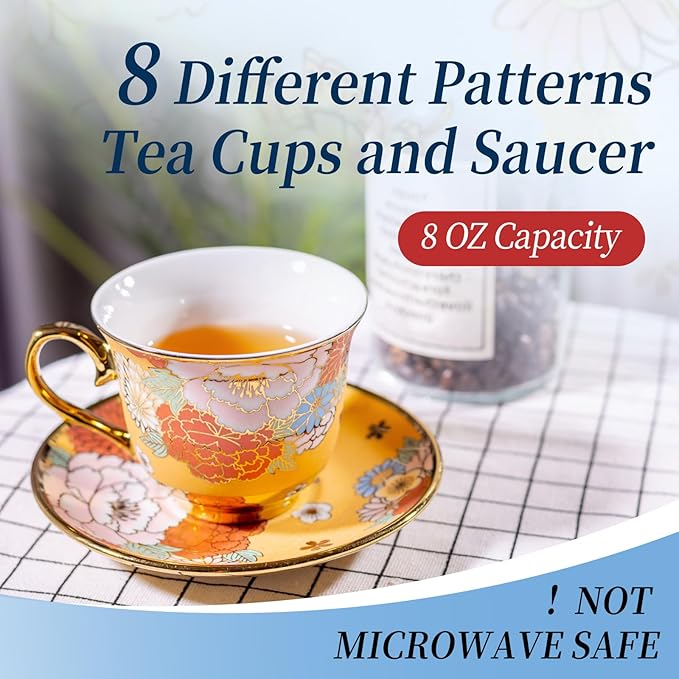 8 Set Tea Cups and Saucers, 8 OZ Floral Porcelain Cup and Saucers Set for Latte Cappuccino Espresso Mocha Afternoon Tea Birthday Wedding Party Supply Housewarming Women Gift