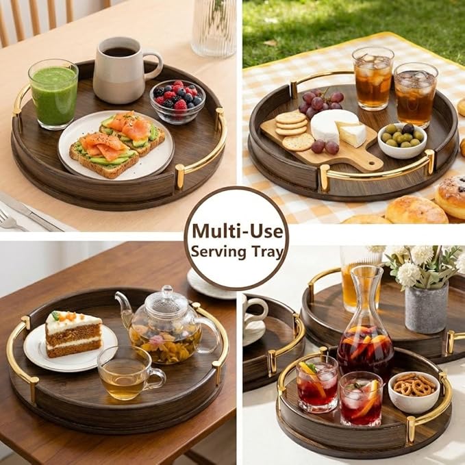 12″ Round Bamboo Serving Tray with Handles, Dark Brown Wooden Tray for Coffee Table, Ottoman & Kitchen – Decorative Tray for Drinks, Snacks, Home Decor & Gifts
