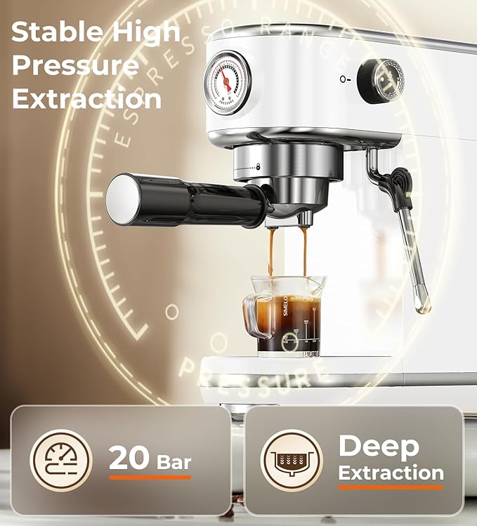 20 Bar Espresso Machine with Milk Frother, Professional Compact Espresso Maker, Stainless Steel Coffee Machine with Precise Temp Control & 44oz Removable Water Tank for Latte, Cappuccino, White