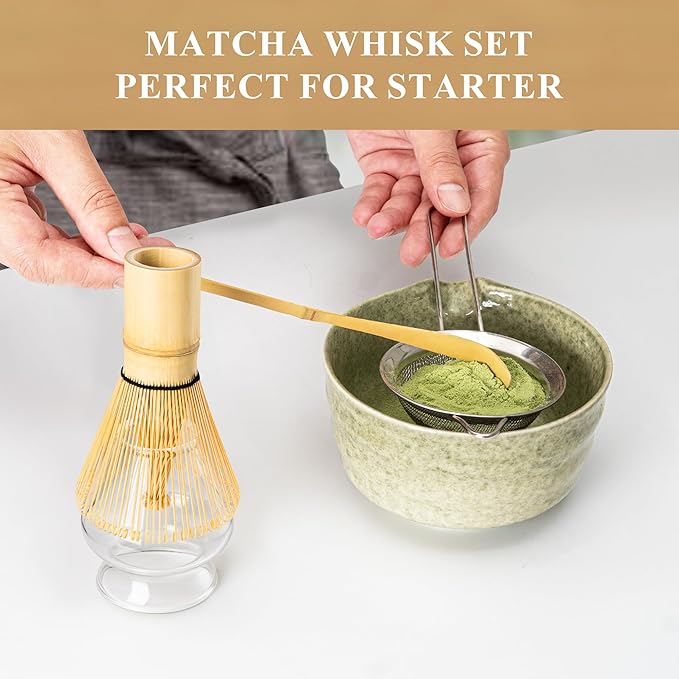 Matcha Whisk Set Glass, Matcha Making Kit Whisk (Chasen Holder), Glass Whisk Holder, Bamboo Scoop, Powder Starter Sifter, Spoon Japanese Tea Tools For Ceremony Gift