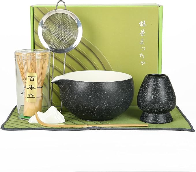 Matcha Whisk Set, Ceramic Matcha Bowl with Spout, Bamboo Whisk, Scoop, Sifter, Holder, Tea Towel, 7-Piece Matcha Kit for Making Breakfast/Latte