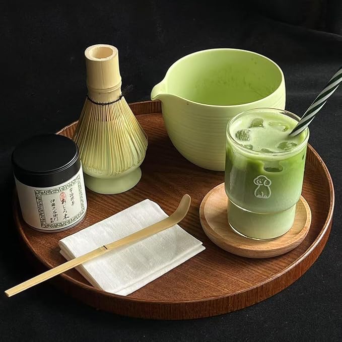Matcha Whisk Set, Ceramic Matcha Bowl & Whisk Holder, Bamboo Accessory, Modern Design (Matte Crème, Pouring Spout) (Mint Green)